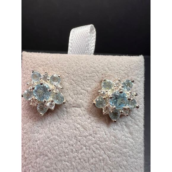 Vintage blue topaz and cz sterling silver snowflake stud earrings - Picture 2 of 16